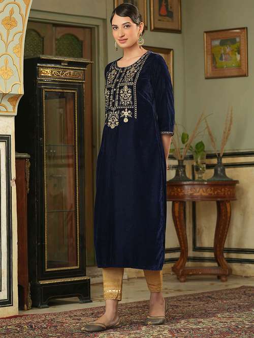 women round neck embroidered straight kurta - 21747762 -  Standard Image - 0
