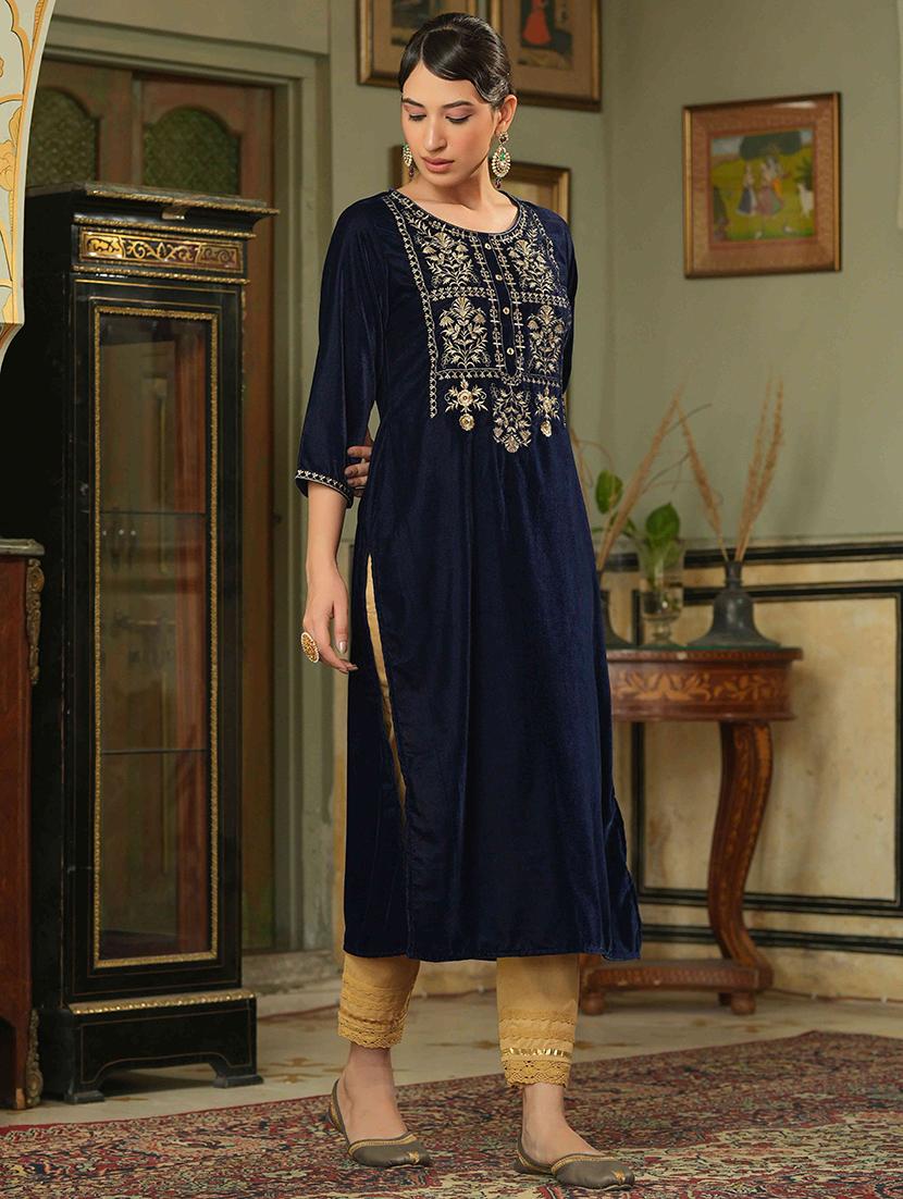 women round neck embroidered straight kurta - 21747762 - Standard Image - 1
