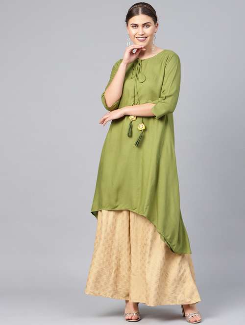 women tie up neck solid asymmetric kurta - 21747769 -  Standard Image - 0