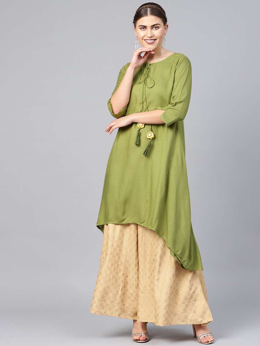 women tie up neck solid asymmetric kurta - 21747769 -  Zoom Image - 0