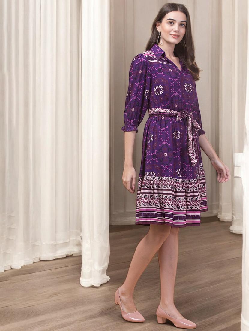 women printed puff sleeves fit & flare dress - 21747831 - Standard Image - 1