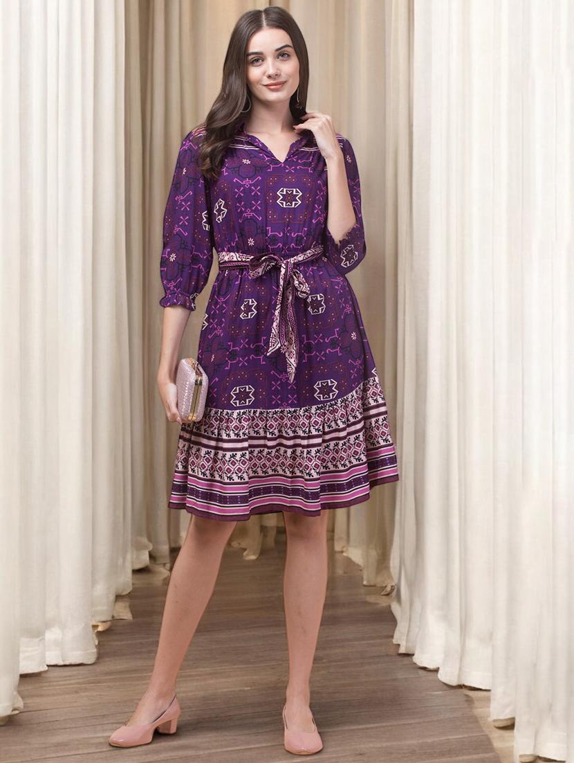 women printed puff sleeves fit & flare dress - 21747831 - Standard Image - 4