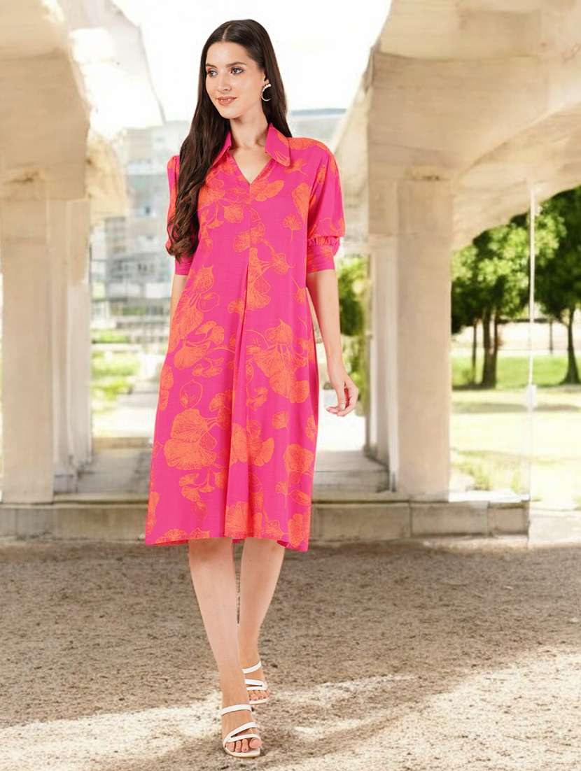 women printed puff sleeves a-line dress