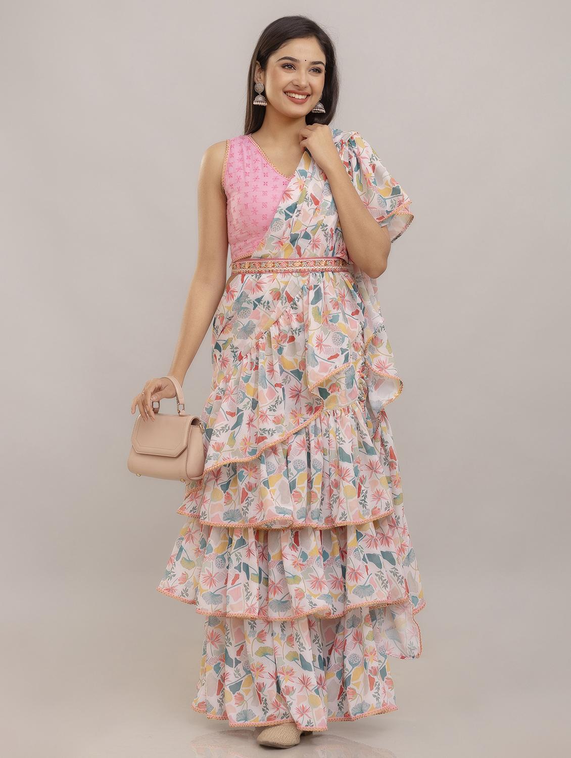 women floral printed ruffle party wear saree with blouse