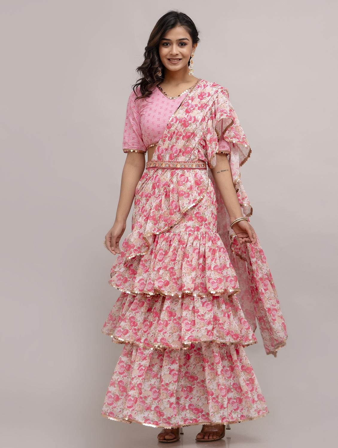 women floral printed ruffle party wear saree with blouse - 21747874 - Zoom Image - 0