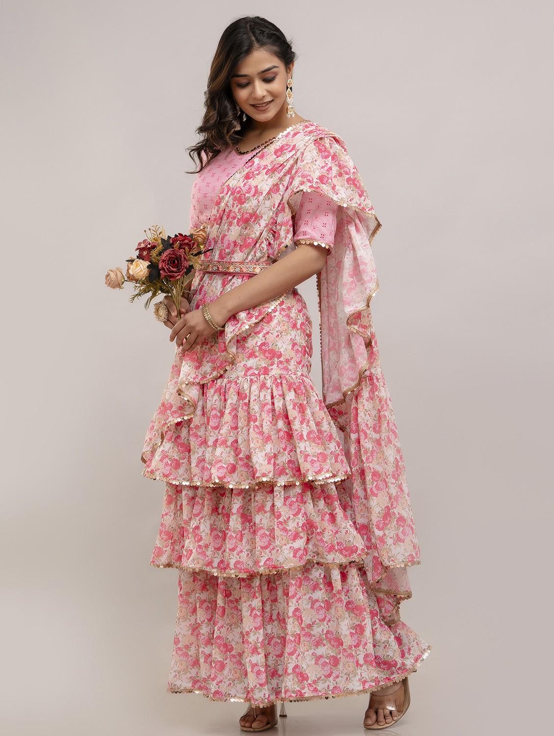 women floral printed ruffle party wear saree with blouse - 21747874 -  Standard Image - 1