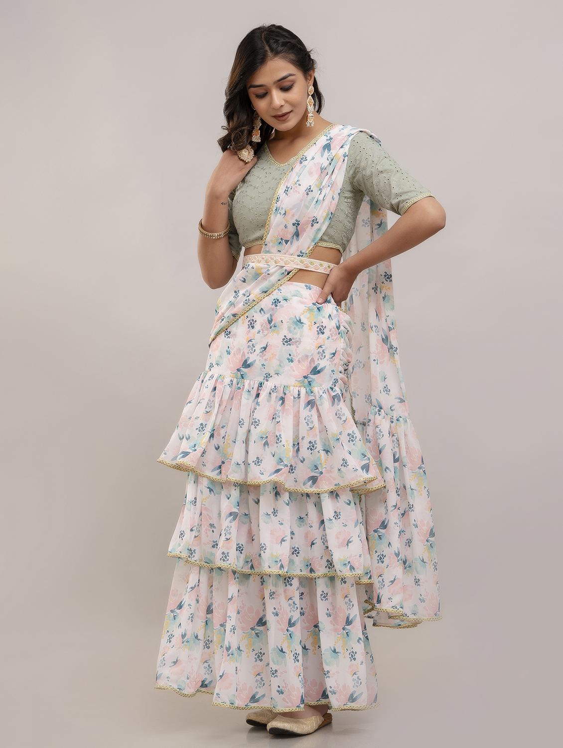 women floral printed ruffle party wear saree with blouse