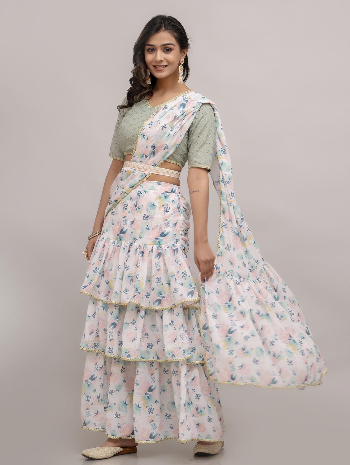 women floral printed ruffle party wear saree with blouse - 21747875 -  Standard Image - 1
