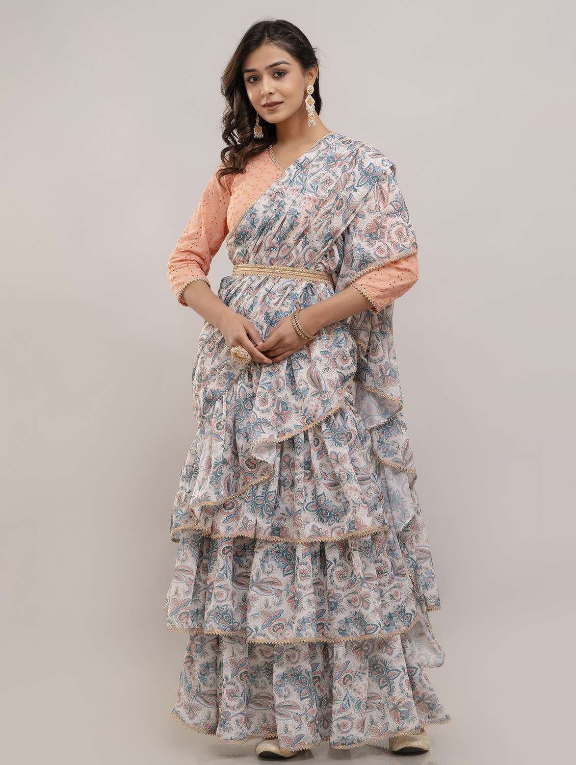 women floral printed ruffle party wear saree with blouse