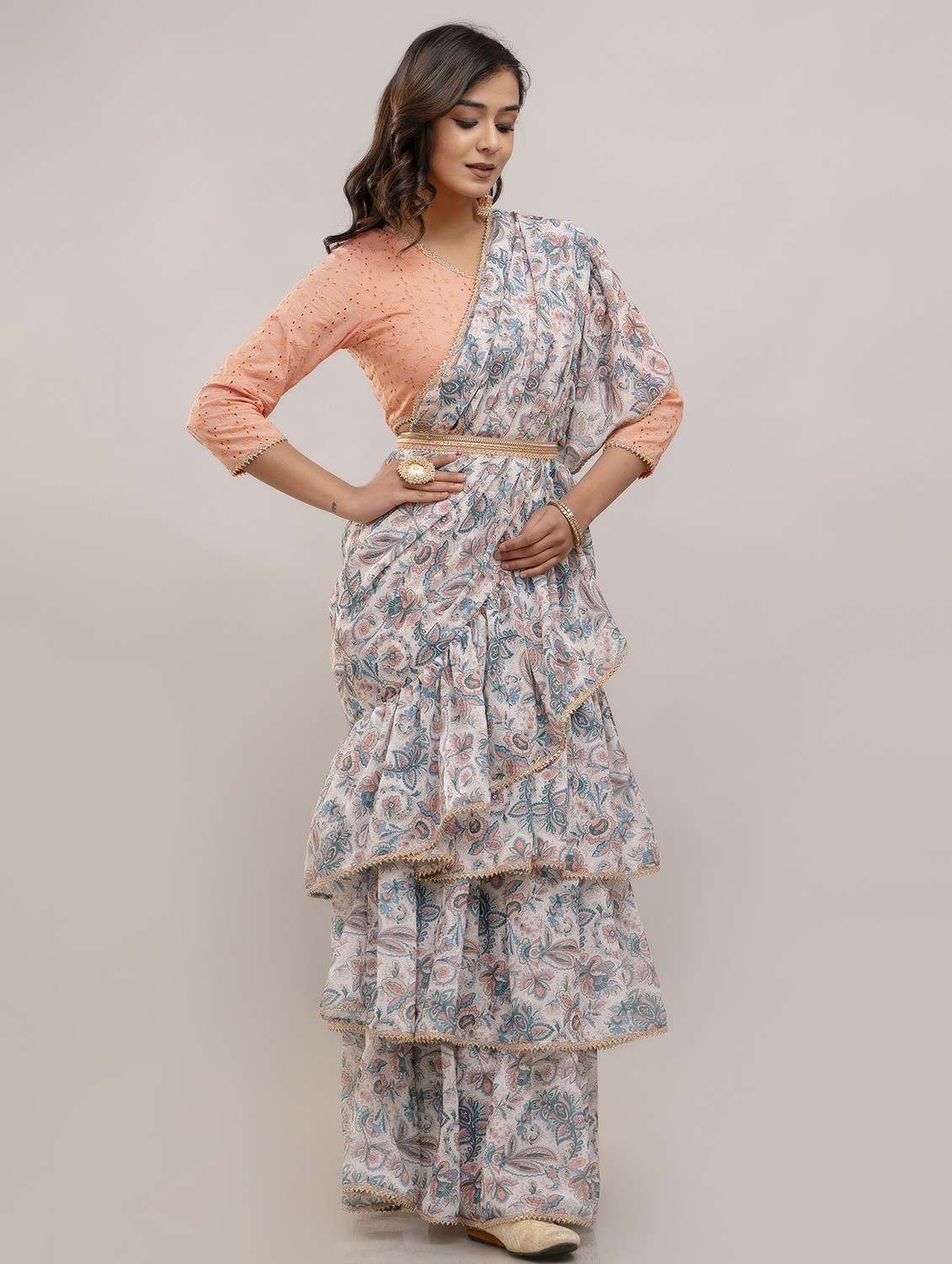 women floral printed ruffle party wear saree with blouse - 21747876 - Standard Image - 1