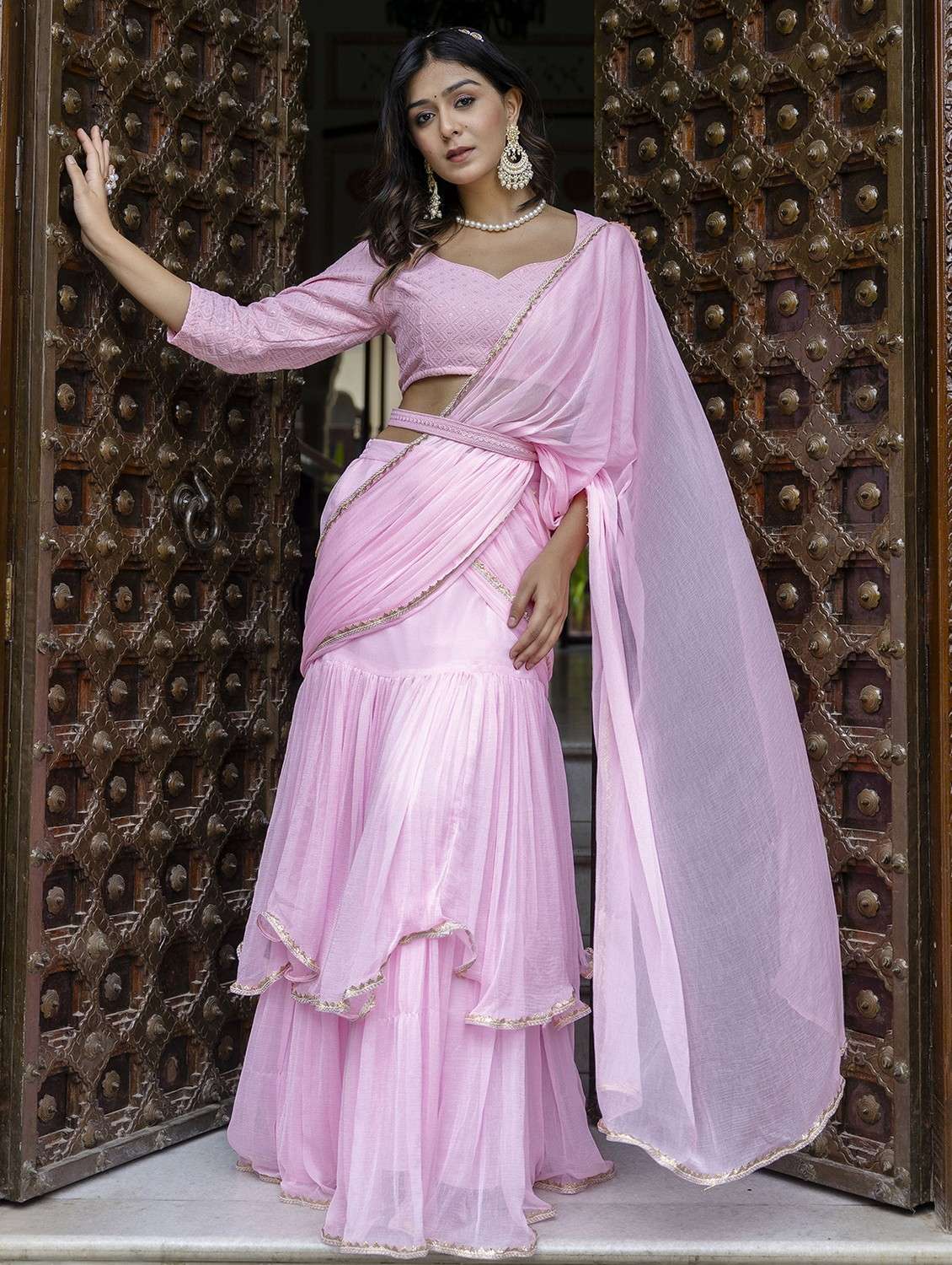 women pink solid ruffle party wear saree with blouse - 21747877 -  Standard Image - 1