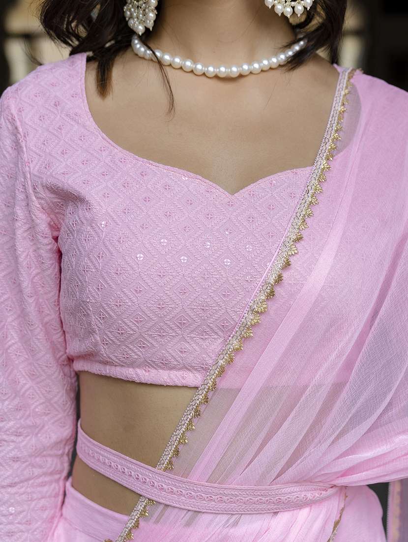 women pink solid ruffle party wear saree with blouse - 21747877 -  Standard Image - 4