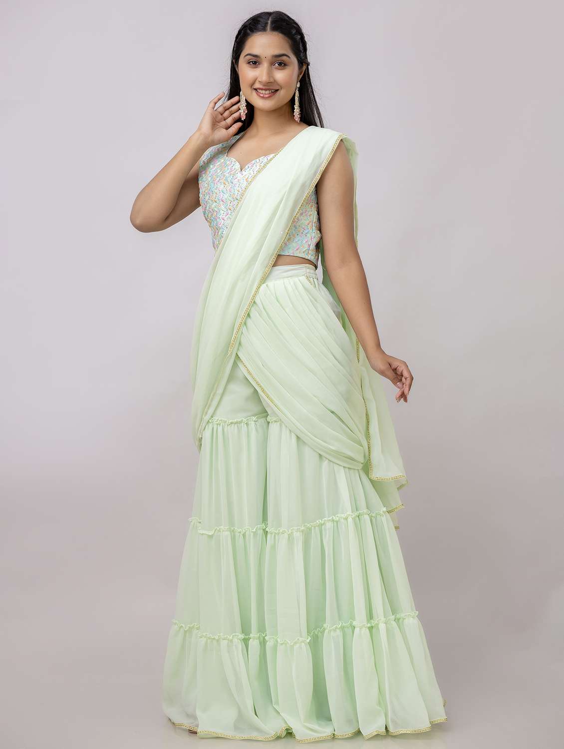 women neo mint solid ruffle party wear saree with blouse