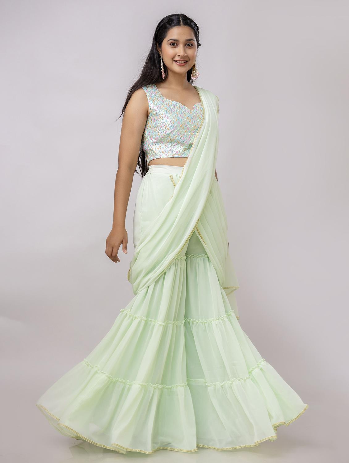women neo mint solid ruffle party wear saree with blouse - 21747879 -  Standard Image - 1