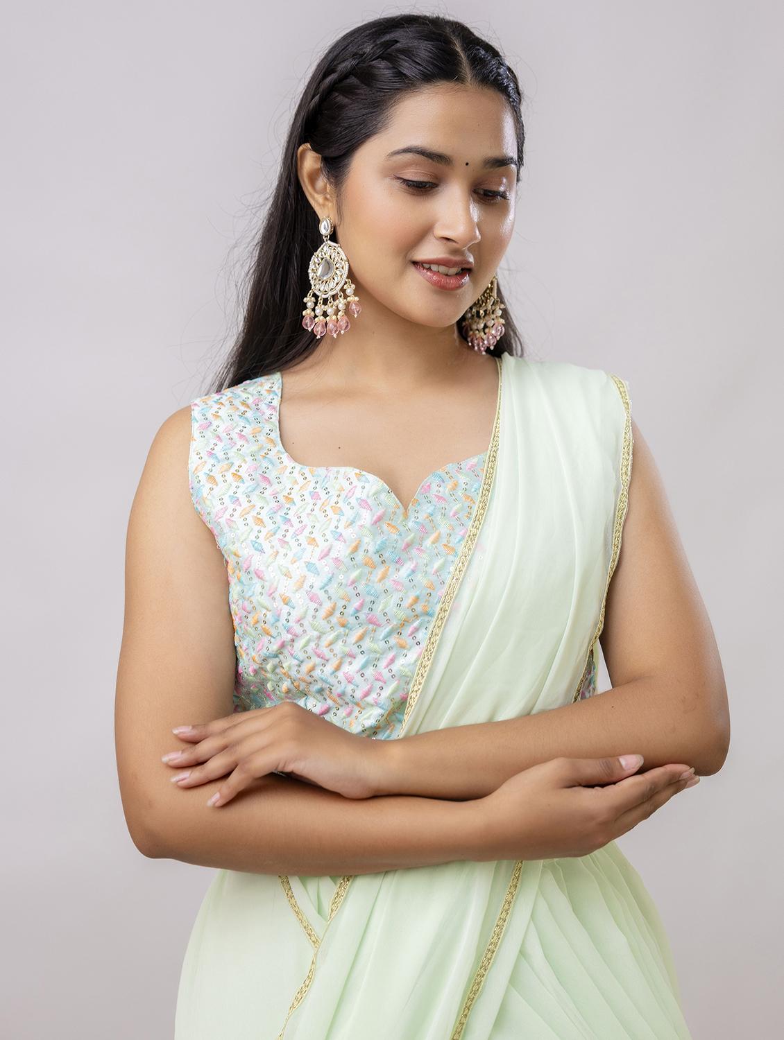 women neo mint solid ruffle party wear saree with blouse - 21747879 - Standard Image - 4