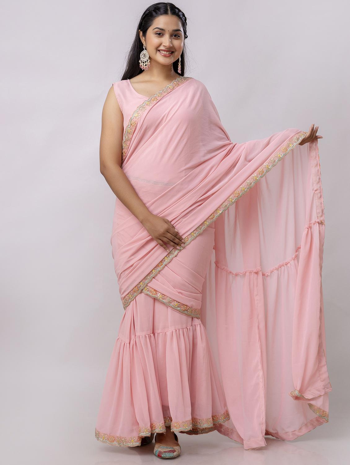 women pink solid ruffle party wear saree with blouse - 21747880 - Standard Image - 1