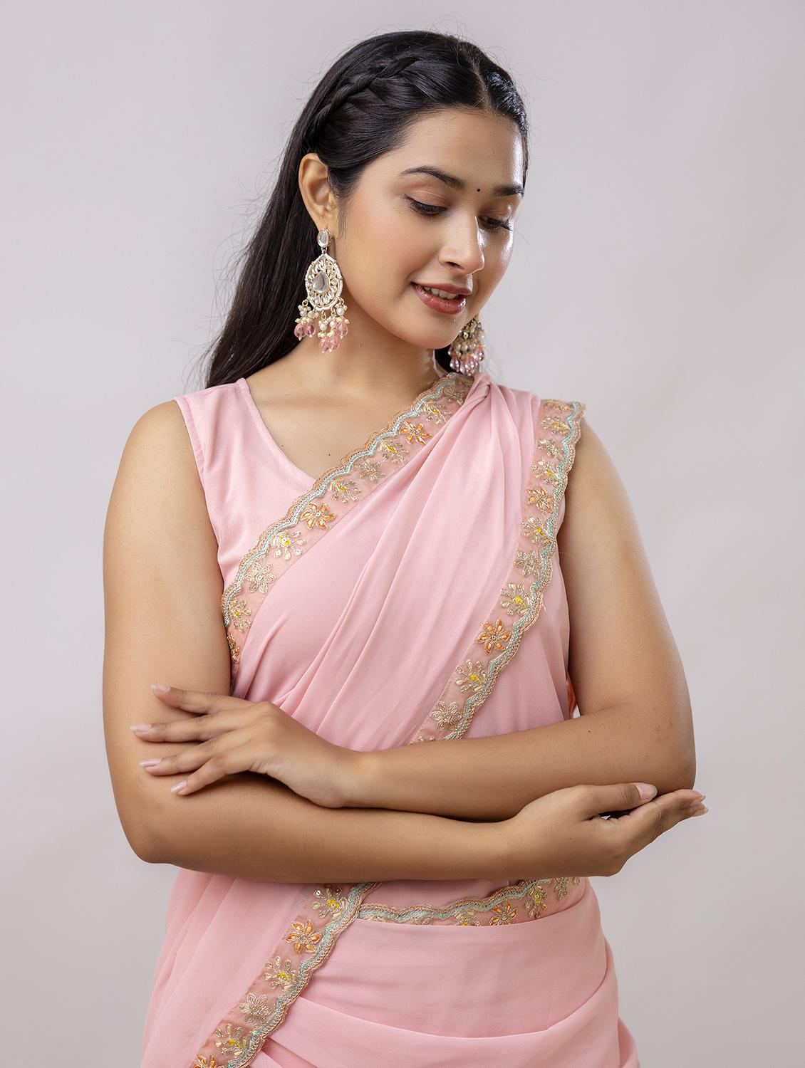women pink solid ruffle party wear saree with blouse - 21747880 - Standard Image - 4