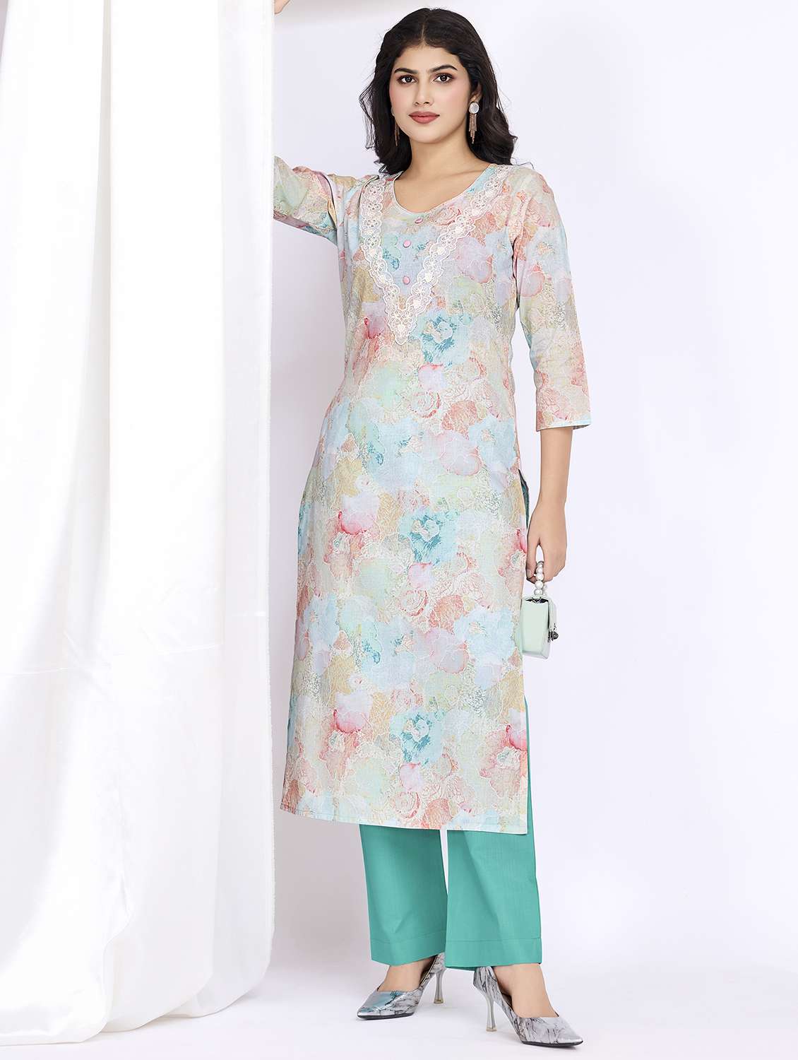 women three quarter sleeve kurta palazzo set