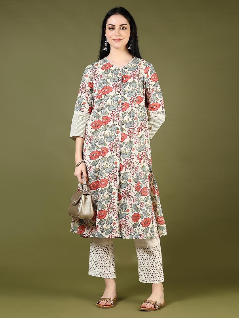 women floral printed three quarter sleeve a-line kurta - 21748186 - Zoom Image - 0