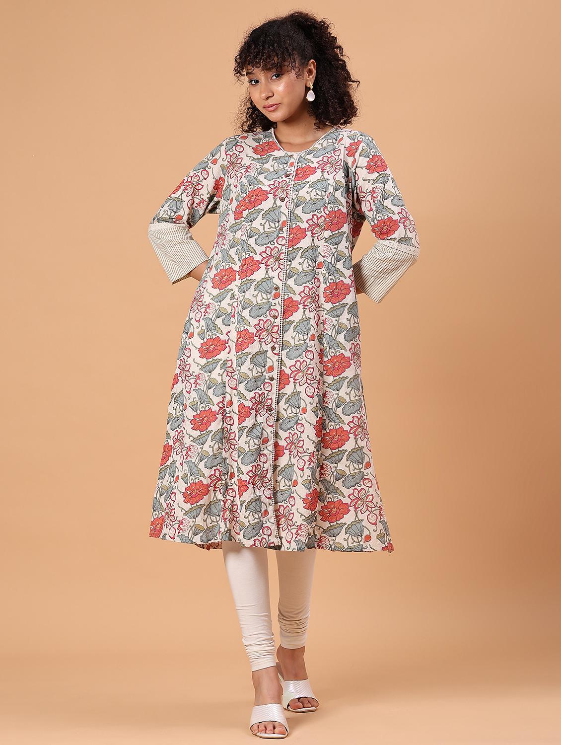 women floral printed three quarter sleeve a-line kurta - 21748186 - Zoom Image - 0