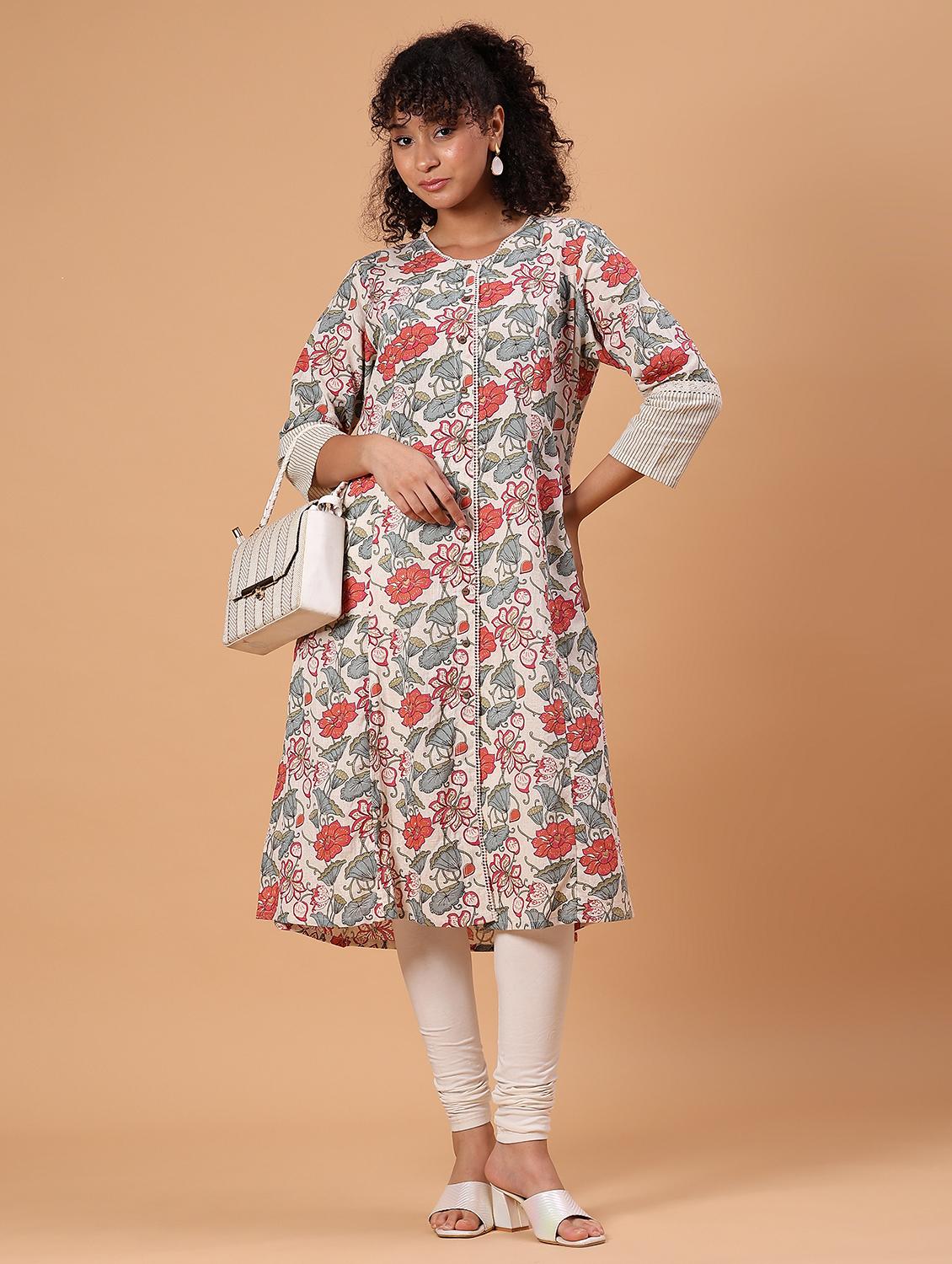 women floral printed three quarter sleeve a-line kurta - 21748186 - Standard Image - 1