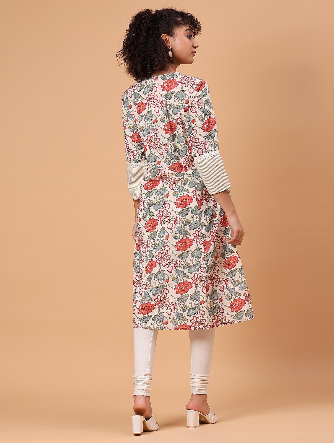 women floral printed three quarter sleeve a-line kurta - 21748186 - Standard Image - 4