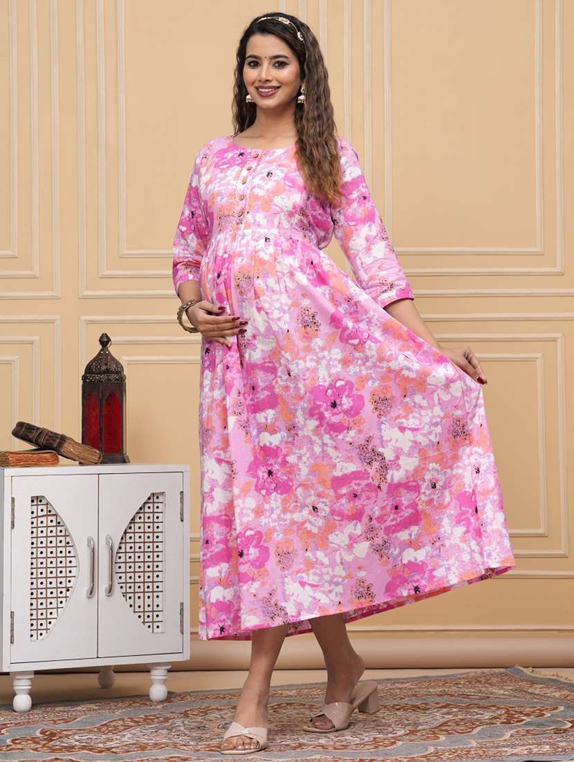 women printed three quarter sleeves flared dress - 21748293 -  Standard Image - 1