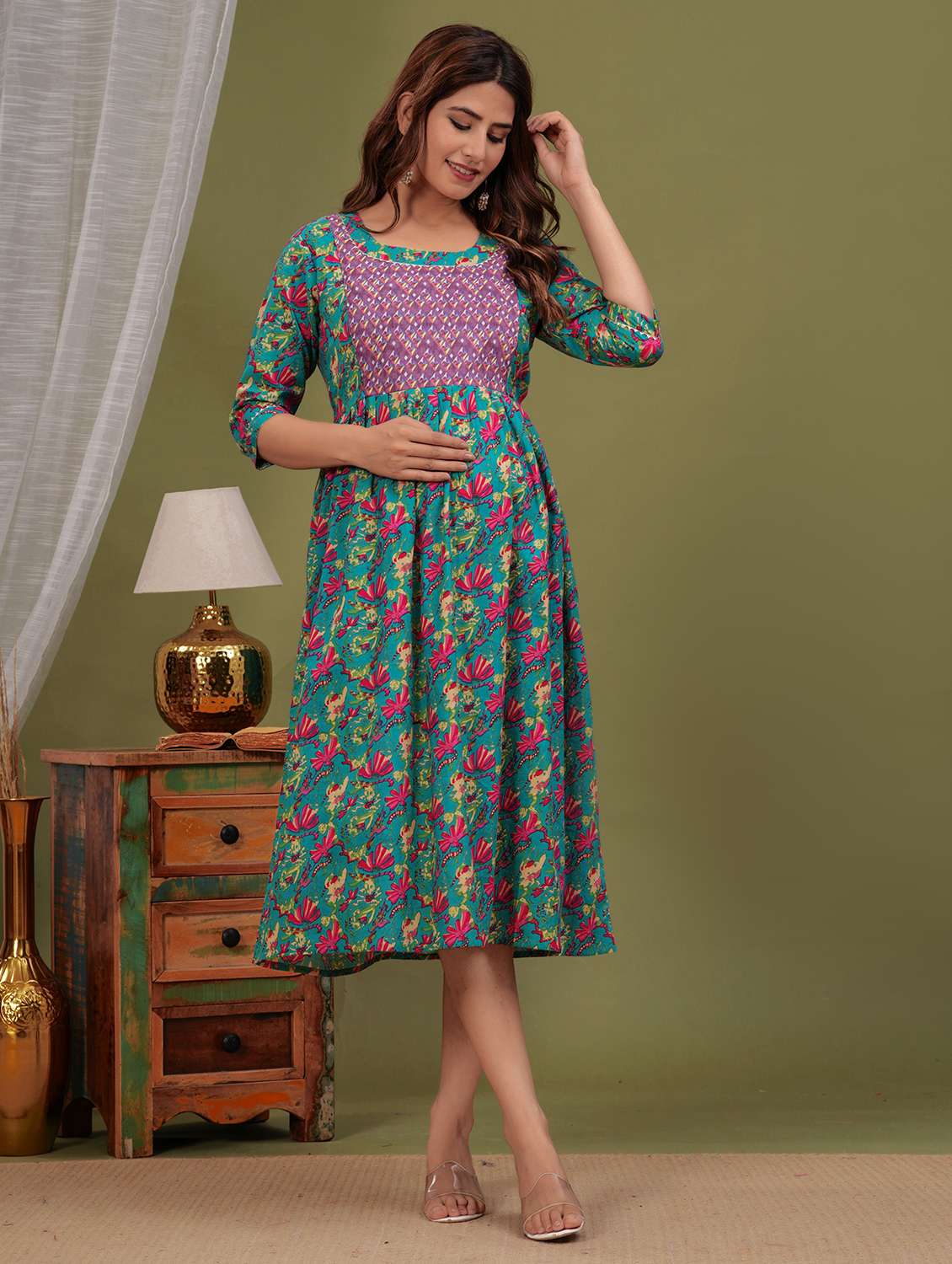 women printed flared three quarter sleeves dress - 21748300 -  Standard Image - 1