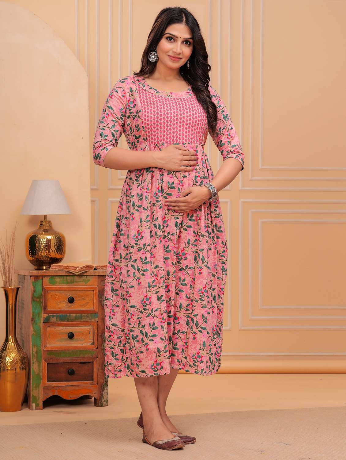 women printed three quarter sleeves flared dress - 21748305 -  Standard Image - 1