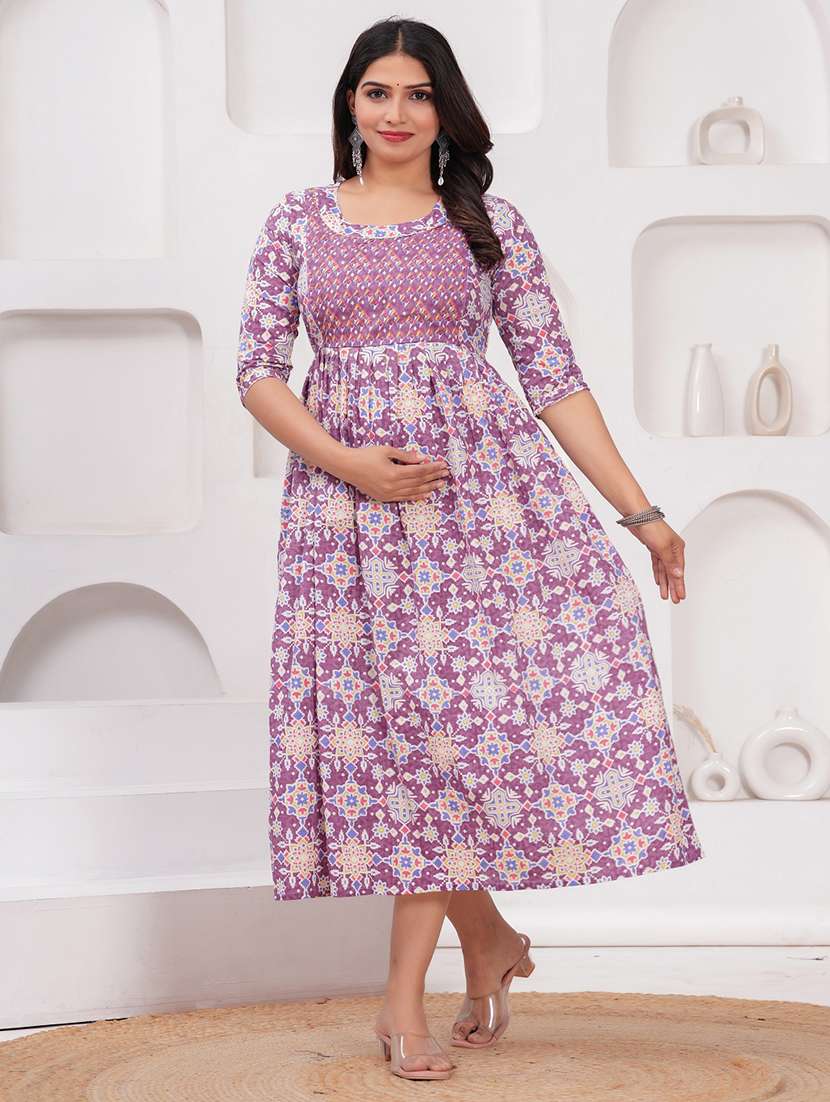 women lavender printed round neck maternity dress - 21748311 -  Standard Image - 1