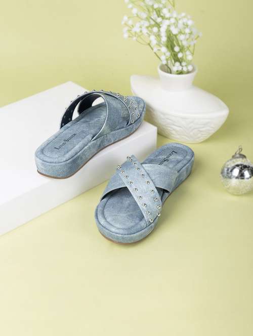 women blue slip on sandals