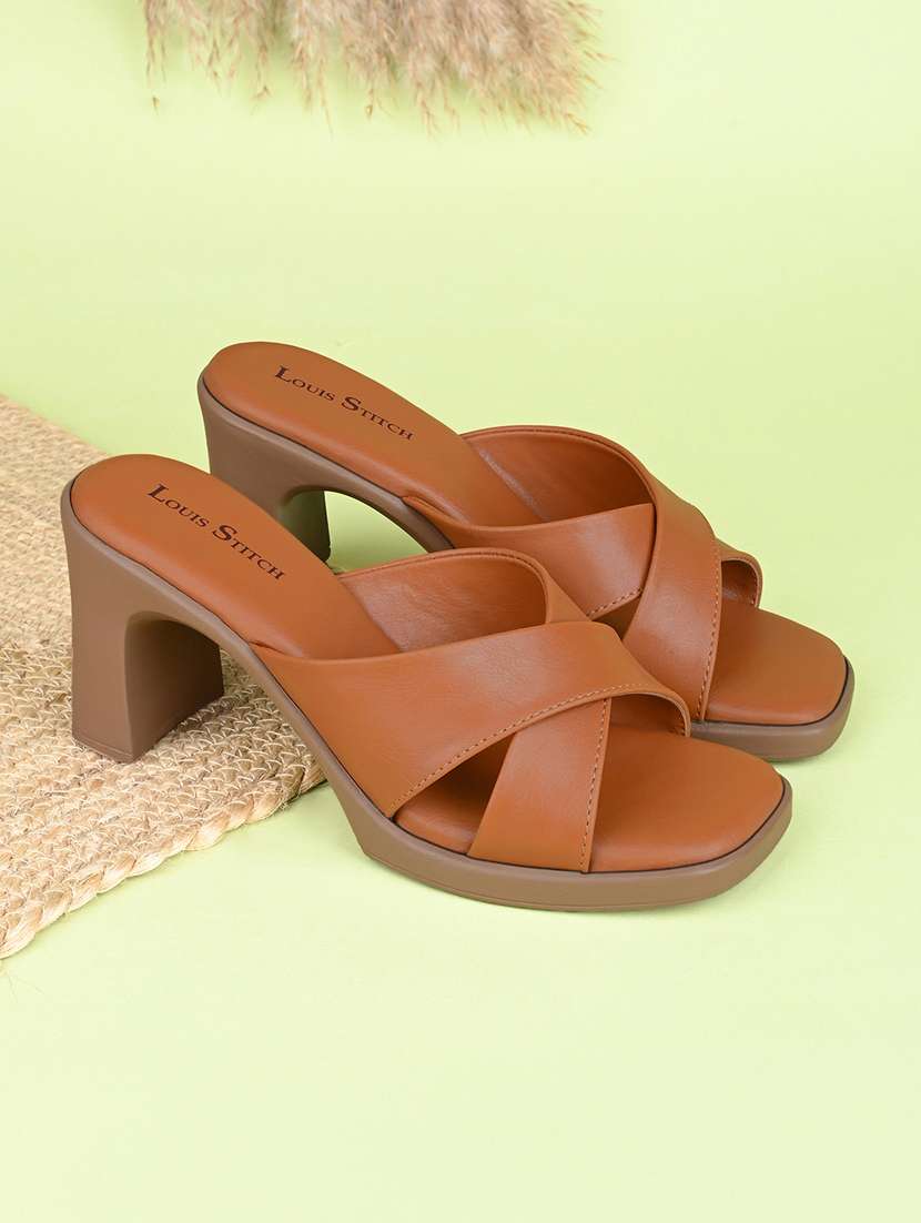 women tan slip on sandal