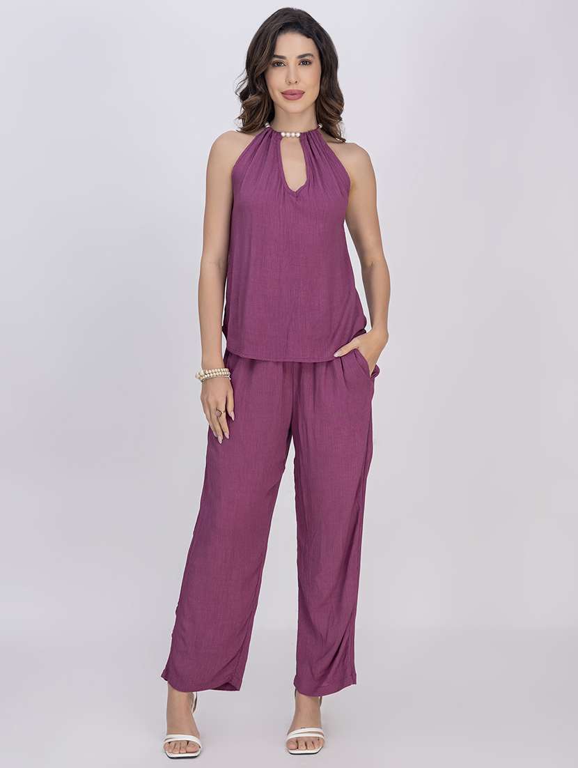 women solid top and trouser co-ord set
