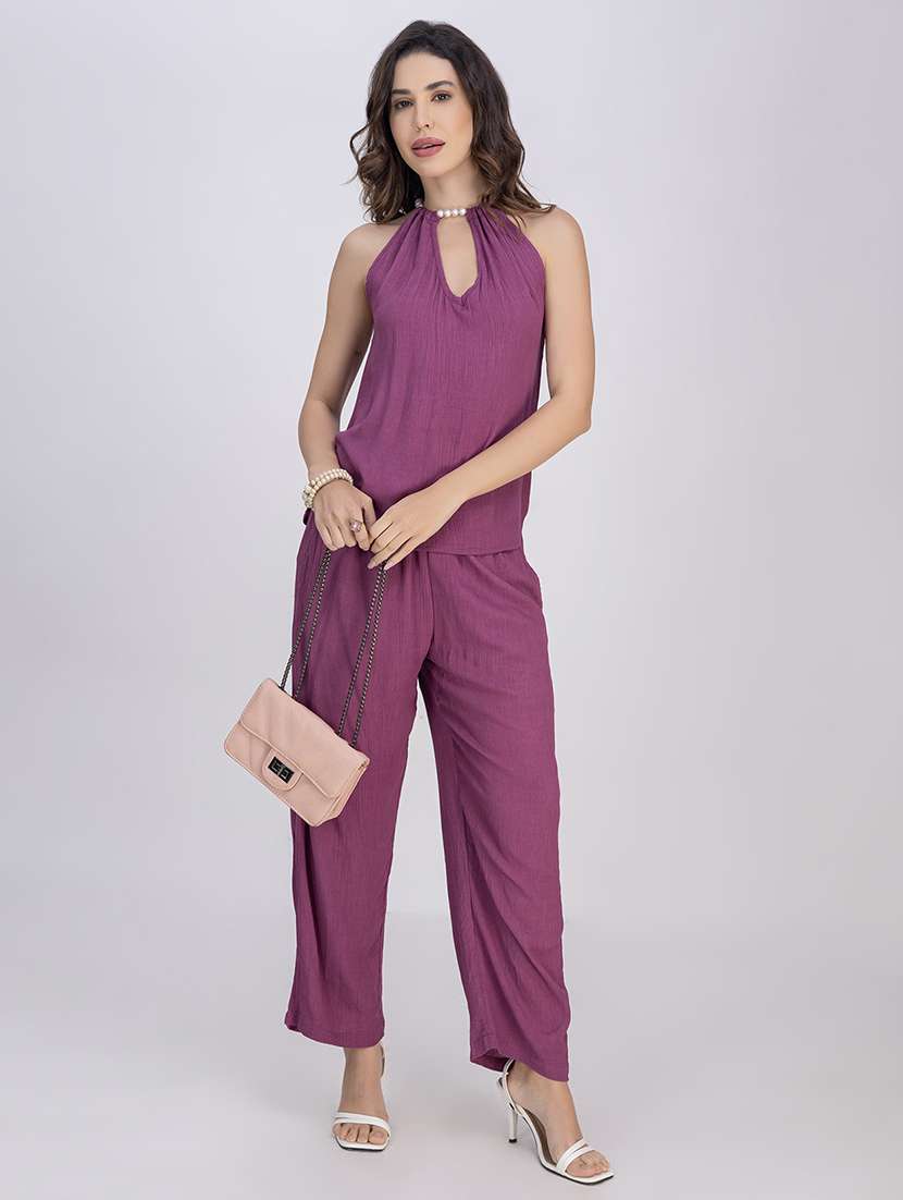 women solid top and trouser co-ord set - 21748641 -  Standard Image - 1