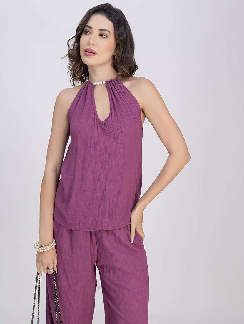 women solid top and trouser co-ord set - 21748641 -  Standard Image - 4