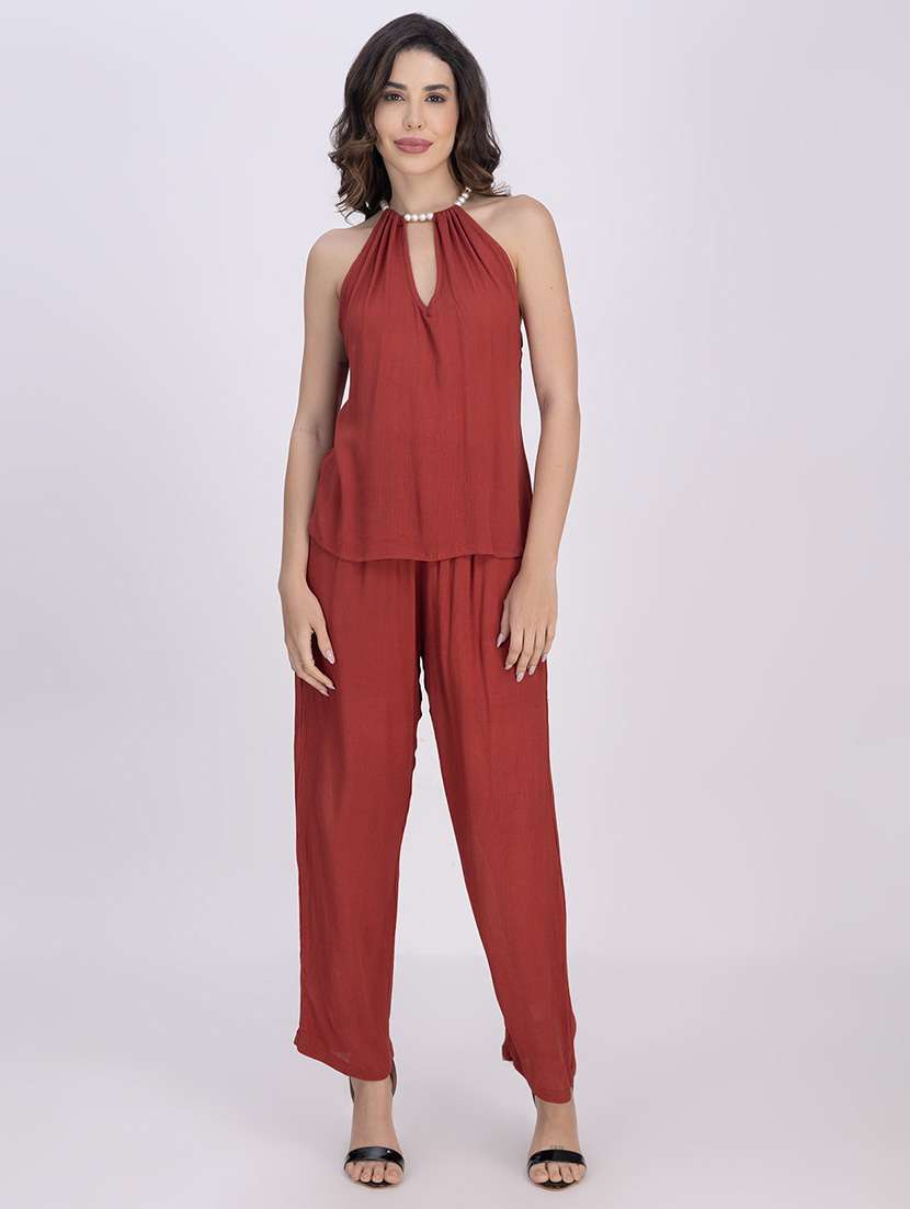 women solid top and trouser co-ord set