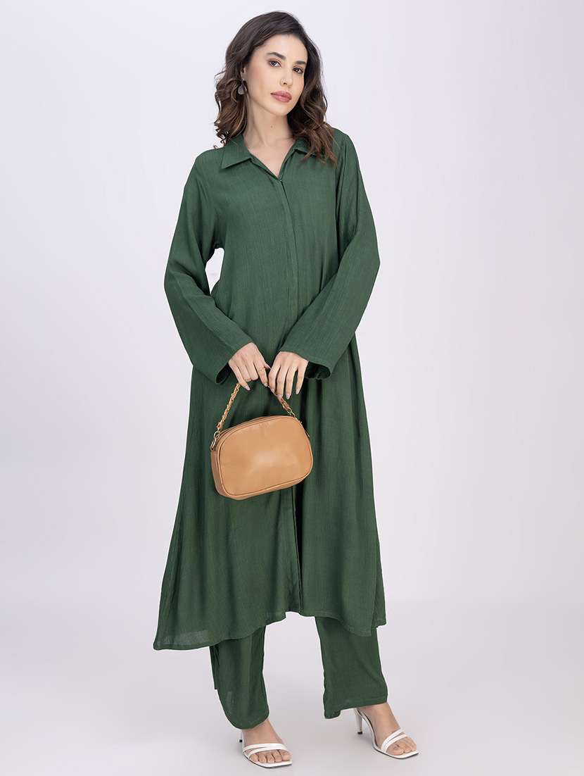 women green solid long sleeve kurta pant set - 21748653 -  Standard Image - 1