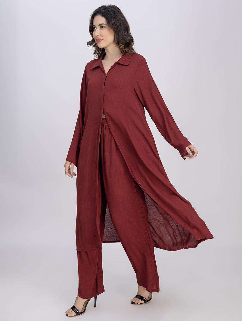 women maroon solid long sleeve kurta pant set - 21748655 -  Standard Image - 4