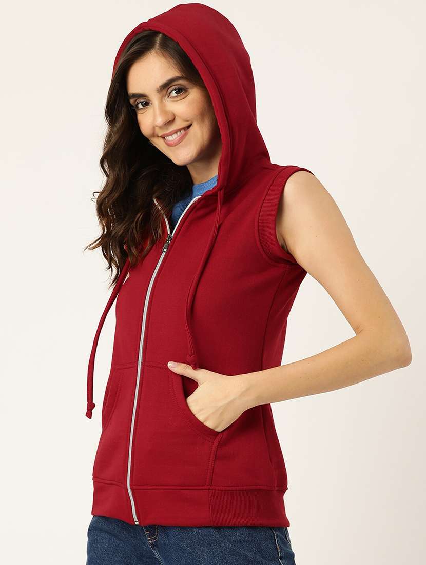 women solid sleeveeless regular hooded jacket - 21748693 -  Standard Image - 1