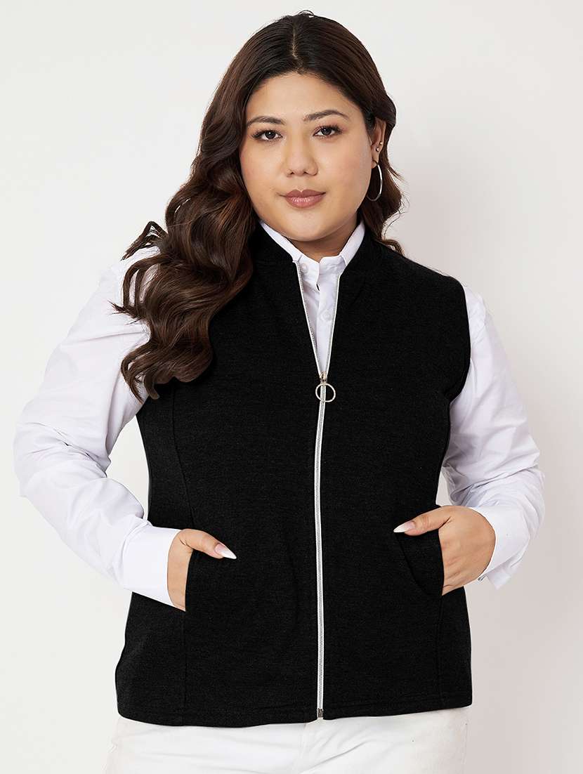 women plus size solid sleeveless regular jacket