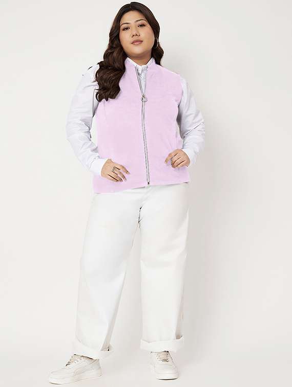 women solid stand collar sleeveless jacket - 21748702 - Standard Image - 4