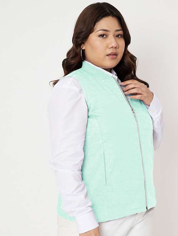 women solid stand collar sleeveless jacket - 21748705 -  Standard Image - 1
