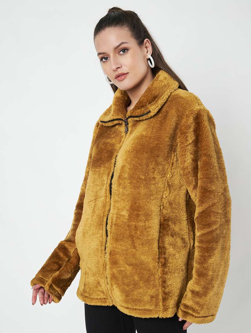 women solid long sleevees fur jacket - 21748741 -  Standard Image - 1