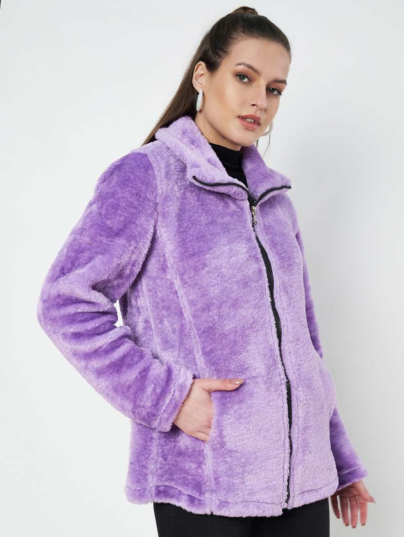 women solid long sleeves fur jacket - 21748742 -  Standard Image - 1
