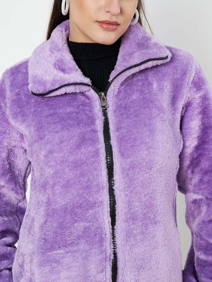 women solid long sleeves fur jacket - 21748742 -  Standard Image - 4