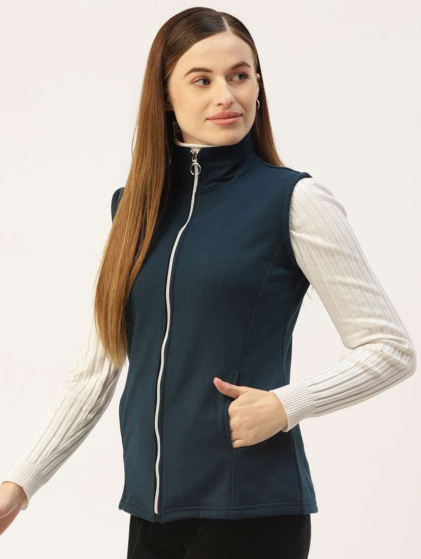women solid sleeveless stand collar jacket - 21748757 -  Standard Image - 1