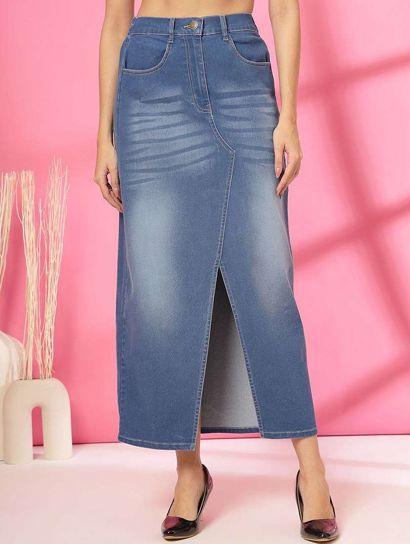 women solid high rise denim skirt
