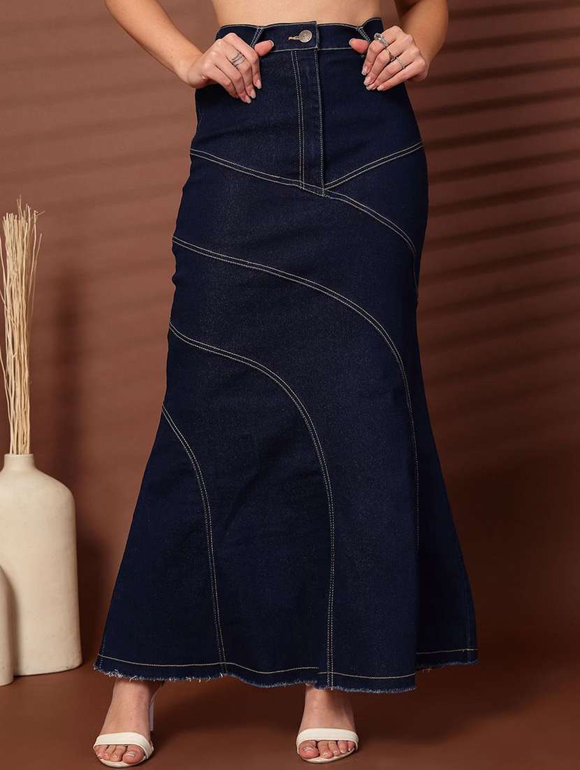 women solid high rise denim skirt