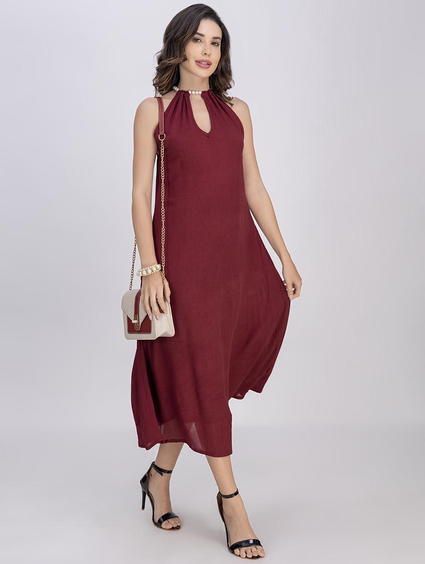 women solid halter neck sleeveless a-line dress - 21748923 - Standard Image - 1