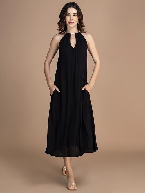 women solid halter neck sleeveless a-line dress - 21748925 -  Standard Image - 0